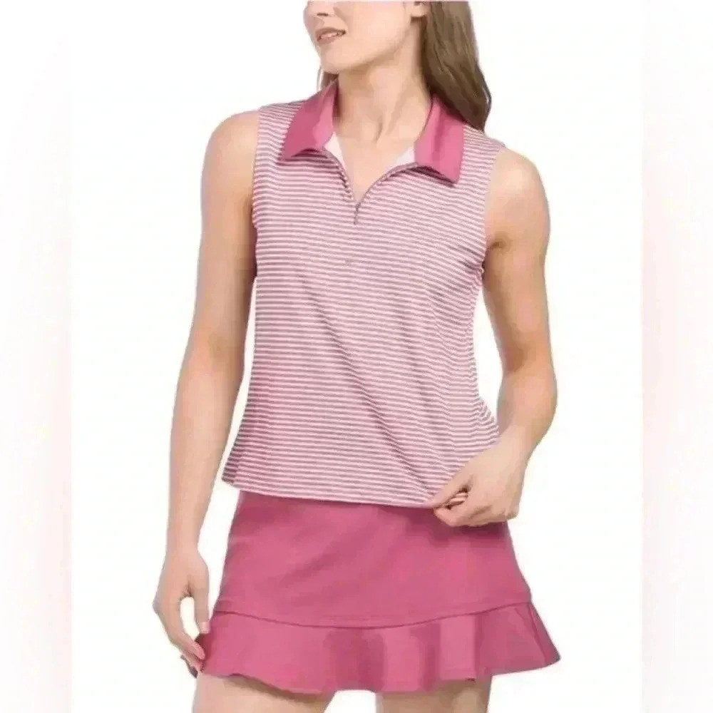 Sincerely Jules Large Pink White Striped Sleeveless Polo